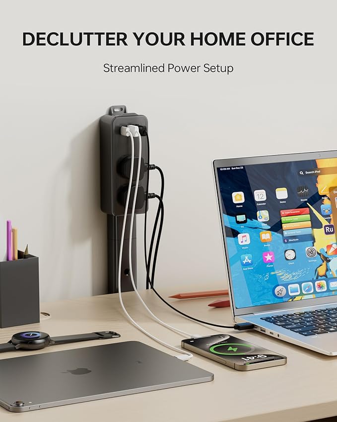 2 Pack Outlet Extender Stick Black with 4-Way Flat Plug | Extends 8"-36" | Outlet Extender with 2AC Outlets, 2USB-A & 1USB-C Ports | Socket Expander Access Hard-to-Reach Outlets Bed Sofa Behind