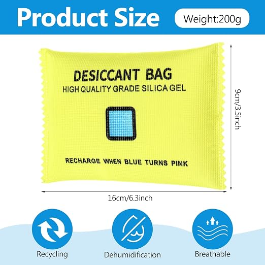 Threlaco 10 Packs 200g Rechargeable Silica Gel Desiccant Moisture Absorbing Bag for Storage Bin Indicating Silica Gel Desiccant Packet Reusable Dehumidifier Bag for Home Closet Car(6 x 3.5 Inches)
