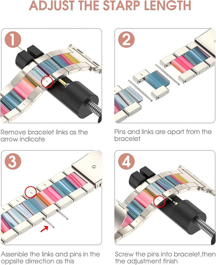 Wearlizer Compatible with Apple Watch Band 38/40/41/42mm Fashion Wristbands Women, Stainless Steel + Resin Metal Replacement for iWatch Series 11 10 9 8 7 6 5 4 3 SE/Ultra 3 2 1-Starlight+Rainbow