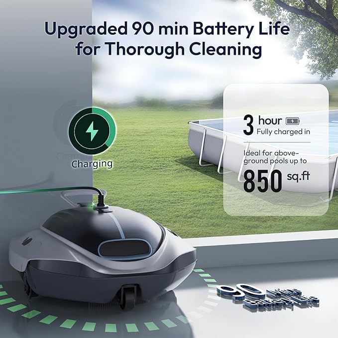 BUBLUE Bubot 300P Robotic Pool Cleaner, Cordless Pool Vacuum with Industry Leading Suction Power, Bluehole Tech, DirtLock Tech, Smart Sensor for Above-Ground Flat Pools up to 850 Sq.Ft, Silver