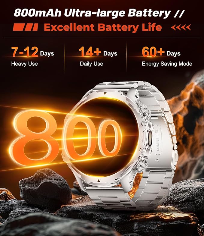Military Smart Watch for Men Answer/Make Call, 1.85'' HD Rugged Smartwatch with 800mAh Battery/Flashlight/Heart Rate/110+ Sports Mode, IP68 Waterproof Fitness Tracker Watch for Android iPhone,Silver