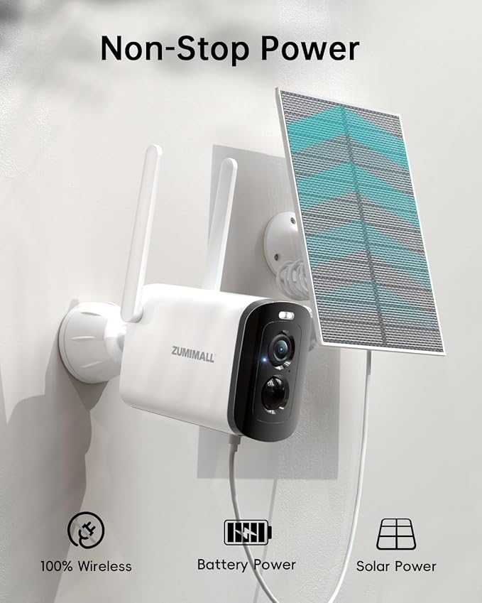 ZUMIMALL Solar Security Cameras Wireless Outdoor, 2K Camera for Home Security with 3MP Color Night Vision, 2.4GHz WiFi, 2-Way Talk, Spotlight & Siren, IP66 Weatherproof, Compatible with Alexa