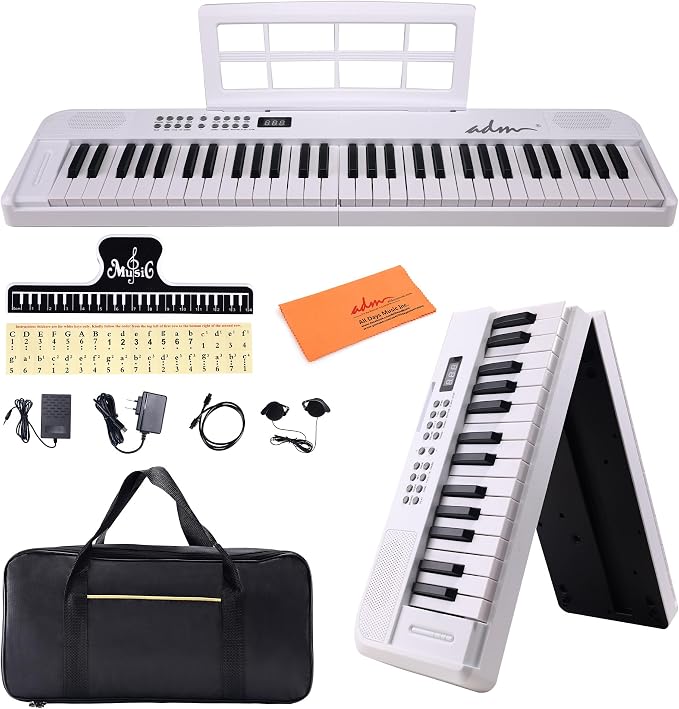 ADM 61 Key Folding Electric Piano Keyboard, Foldable Piano Electronic Keyboard, Wireless 128 Tones, 128 Rhythms Includes Pedal, Gig Bag, Headphones for Beginners, Students, Adults (White-Black)
