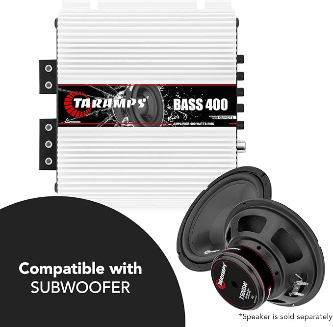 Taramps Bass 400 2 Ohms Monoblock Amplifier 400 Watts Rms 1 Channel 14.4VDC Out Power Full Range, Great for Sub/Bass - Rca/High Level Input, Car Audio