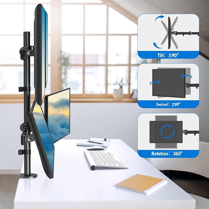 MOUNTUP Quad Monitor Stand, 4 Monitors Desk Mount for 17 to 32 inch Computer Screens, Fully Adjustable Stacked Mount with Tilt Swivel, 4 Heavy Duty Monitor Mount, Holds up to 17.6lbs per Arm