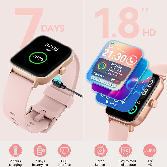 Smart Watches for Women, 1.8" HD Smart Watch (Answer/Make Call) for iPhone/Android, Alexa Bulit-in, Fitness Watch with Sleep/Health Monitor, Watches for Women with 120 Sport Mode, 3ATM Waterproof ﻿