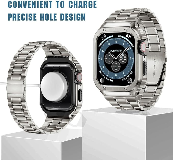 MioHHR Stainless Steel Watch Band with Case Compatible with Apple Watch Series 6 5 4 SE3/2/1(44mm) Series 3/2/1(42mm),Rugged Strap with Metal Protective Bumper Cover for iWatch Band Men(Titanium Color)