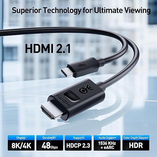 Cable Matters Unidirectional USB C to HDMI 2.1 Cable - 15ft, Support 4K@240Hz and 8K@60Hz, HDR - Thunderbolt 4, Thunderbolt 5, USB 4 Compatible with MacBook Pro, XPS, ThinkPad - Max 4K@60Hz on macOS