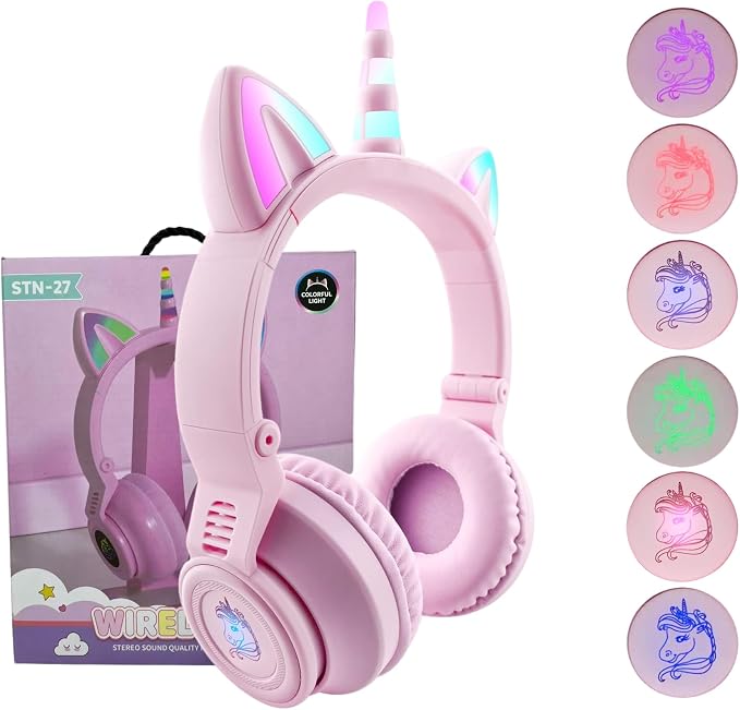 Unicorn Kids Headphones for Girls,7 Colour Flash Unicorn Bluetooth Headphones Foldable for Girls Toddlers Tablet/pad/Amazon fire,Light Up Kids Wireless Headphone Birthday Gifts (Purple Pink)