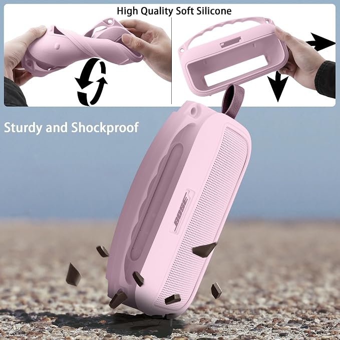 co2CREA Hard and Silicone Case Replacement for Bose New SoundLink Flex 2nd Gen Bluetooth Portable Speaker, with Carabiner and Shoulder Strap (Pink Case)