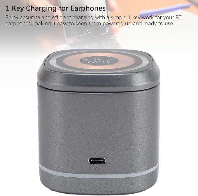 Wireless Charger, 3 in 1 Fast Charging Station 15W Output, Strong Magnetic Alignment, Hidden Earbud Pad for Smartphone, Smartwatch, Earphones