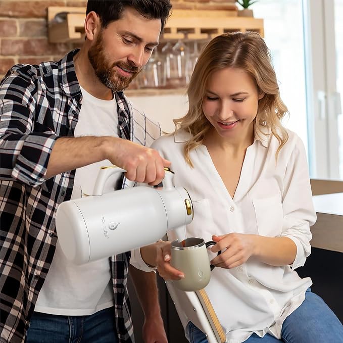 IDEUS Thermal Coffee Carafe, Stainless Steel Double Wall Insulated Vacuum Flask, Water Jug Coffee Server and Beverage Dispenser, Heat and Cold Retention (White-Gold, 68, Fluid Ounces)
