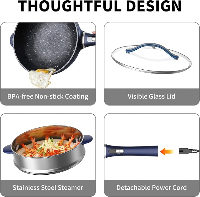 AUTUCU 3-Quart Electric Hot Pot & wok Nonstick with Steamer | Electric Skillet 1200W for Dorm, Home, Gifts (Includes Silicone Spatula) Multi-Cooker
