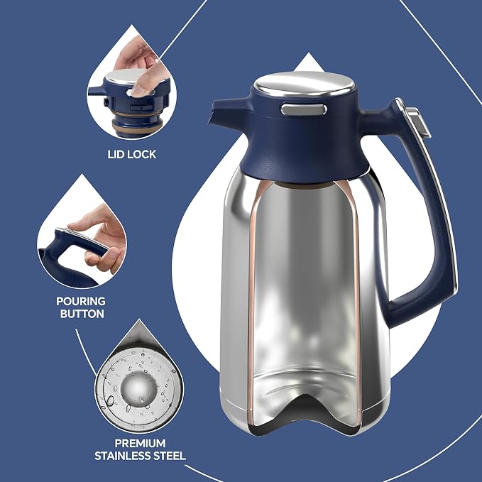 IDEUS Thermal Coffee Carafe, Stainless Steel Double Wall Insulated Vacuum Flask, Water Jug Coffee Server and Beverage Dispenser, Heat and Cold Retention (Navy Blue, 68, Fluid Ounces)