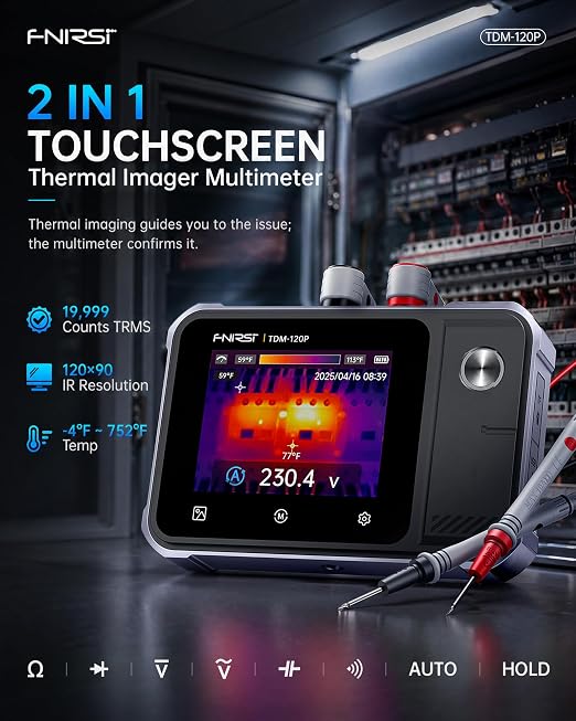 FNIRSI TDM-120P 2-in-1 Thermal Imaging Multimeter, 19999 Counts Digital Multimeter TRMS & 120x90 IR Resolution Thermal Camera, Infrared Imager with 2.8" Touchscreen for HVAC, Electrical & Auto Repair