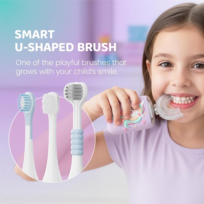 Well Before Kids U Shaped Electric Toothbrush with 5 Brush Heads, Ultrasonic, 5 Modes, IPX7 Waterproof Design (Unicorn, Pink Ages 2-7)