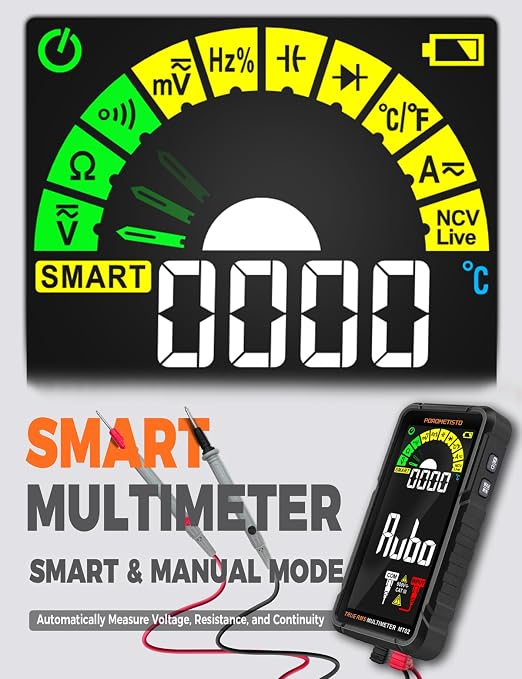 Digital Multimeter Tester 6000 Counts, Smart Multimeter Rechargeable, Auto-Ranging Voltmeter for Measuring Voltage and so on, Dual Fuse Overload Protection, Foldable Stand, Smart Input Jack Warning
