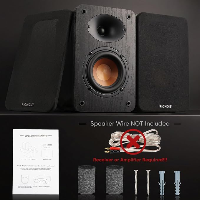 RIOWOIS Passive Bookshelf Speakers for Record Player, 80W Peak Power Stereo Speakers with Silk Dome Horn Tweeter, 4Ω and 4" Woofer for Home Theater Surround Sound, Receiver or Amplifier Required