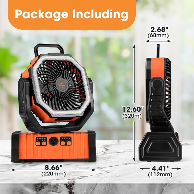 SAN HIMA Battery Powered Camping USB Desk Fan - 20000mAh Rechargeable Battery Operated, with LED Light, 4 Speed Oscillation, 360° Rotation, Hanging Hook, Cordless, for Tent, Outdoor