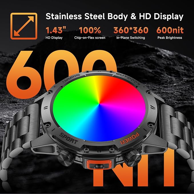 Smart Watches for Men,Military Rugged Men Smartwatch, Stainless Steel Body, IP68 Waterproof, 30-Day Long Standby, Answer/Make Call, 1.43" HD Screen, Compatible for Android iOS(2 Bands)