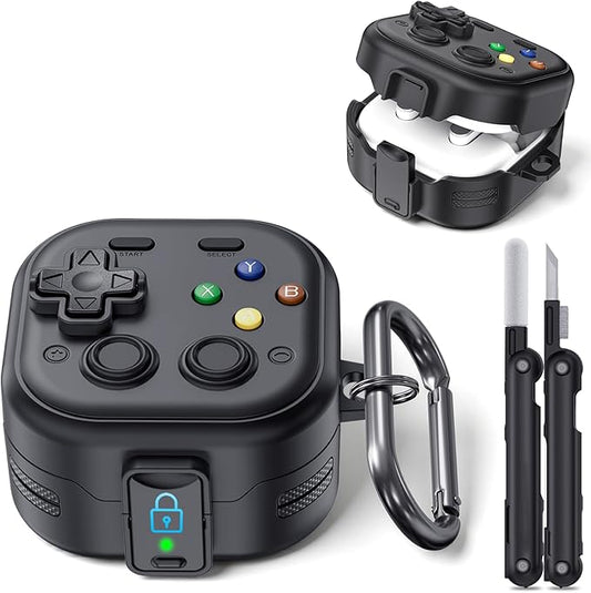 Secure Lock Case for Galaxy Buds 4 Pro Case and Buds 4 Case, Rugged Hard Shell with Cleaner Kit and Keychain for Men Boy Women, Funny Game Cover for Samsung Galaxy Buds 4/4 Pro 2026, Black
