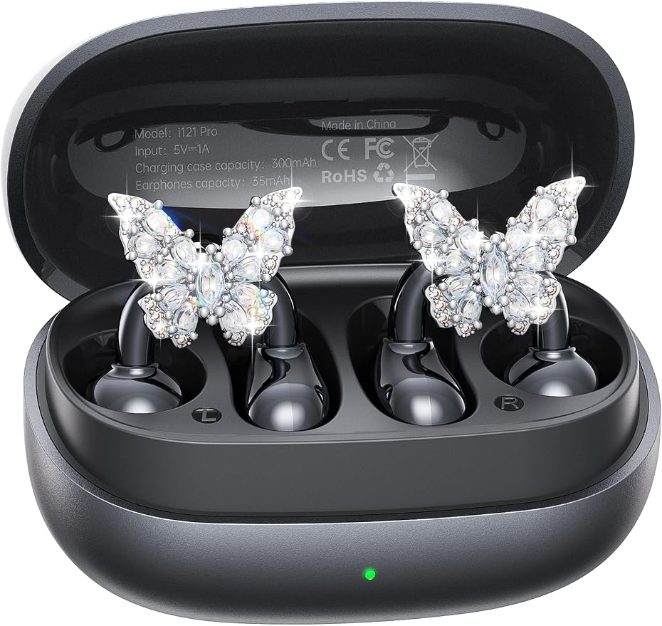 Kinglucky Gen2 Clip-On Earbuds with Butterfly Earrings, Black | Charge & Store Without Removing Earrings, Comfortable Fit, 50H Playtime, Open-Ear Bluetooth Headphones, For Women, Small Ears