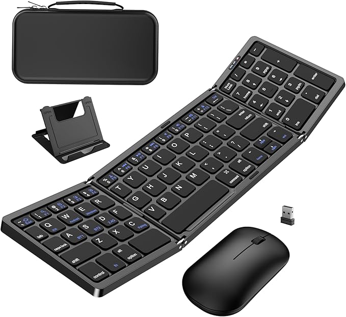 Foldable Keyboard and Mouse, Folding Wireless Keyboard Mouse Combo with Portable Case, Rechargeable 2.4G Wireless+Bluetooth Multi-Device Combo for Windows, iOS, Android, macOS PC/Laptop/Tablet