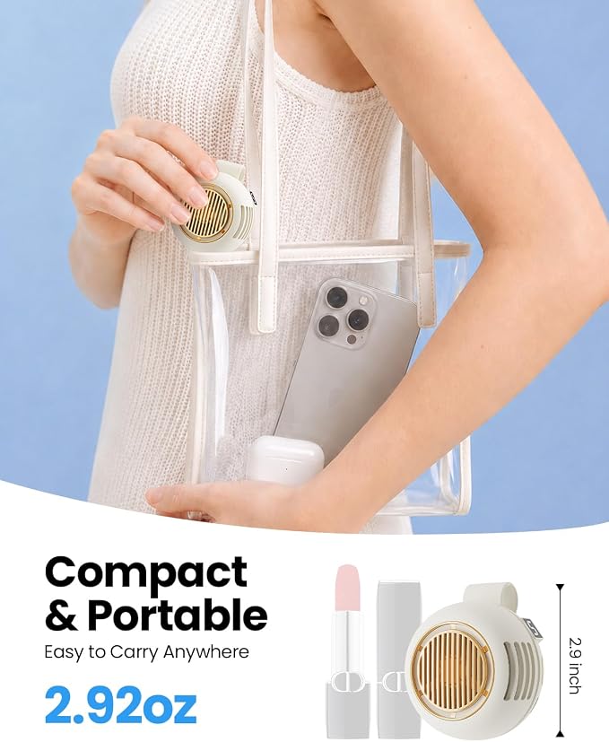 UNIWA Clip On Fan, Portable Silent Mini Bladeless Fan for Shirt/Waist, 5 Speed Adjustable&LED Display, Spin 360° Fan, Hands-Free, Wearable Fan for Outdoor Travel, Office, Gift Women Apricot White+Pink