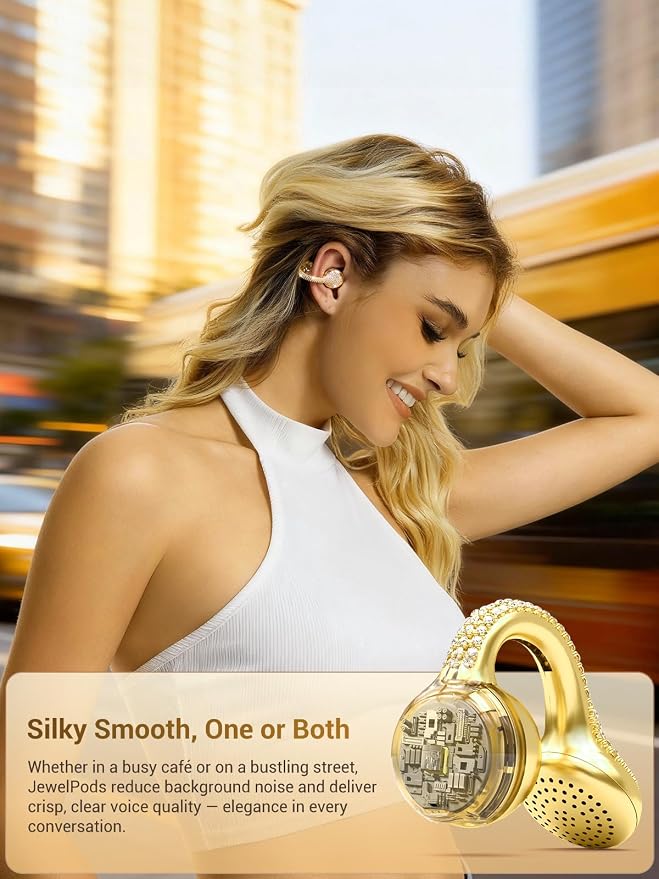 JewelPods C01 Pro Open Ear Headphones,Luxury Jewelry Wireless Earbuds,Gold | Clip-On Wireless Bluetooth Earbuds Secure, Lightweight, Premium Audio-Water Resistant-Up to 72 hrs Play,Gift for Her
