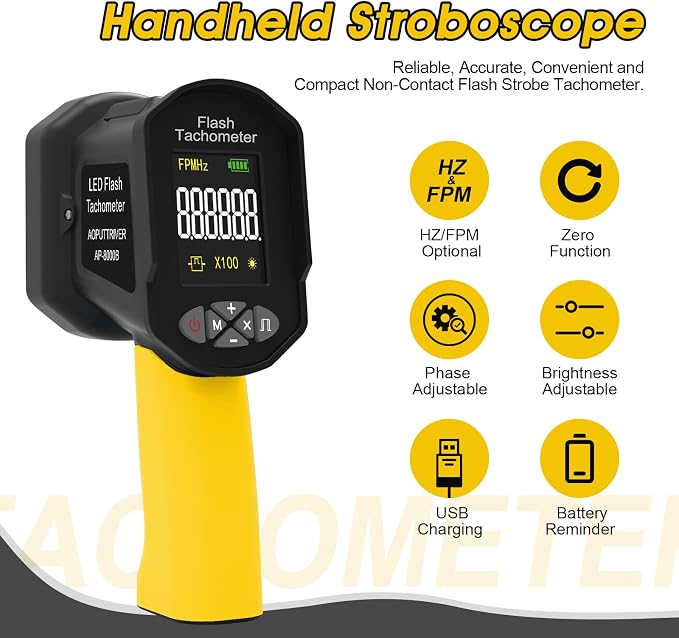 Digital Handheld Stroboscope Measuring 60-100000 RPM/Hz,0.001% Accuracy Non-Contact LED Tachometer Adjustable Strobe Light Timing Engine Speed Analyzer 1500LUX RPM Meter