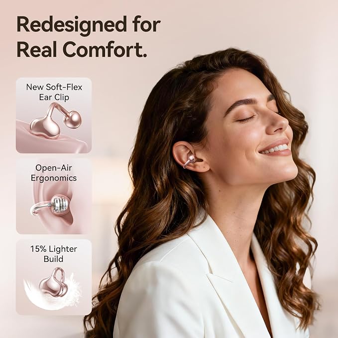 Kinglucky Upgraded Clip-On Earbuds Bluetooth 6.0 Wireless Headphones Open Ear Buds Comfortable Fit & Crystal-Clear Sound, 40H Playtime for Women & Kids Ideal for Small Ears, Sports, Glasses Rose Gold