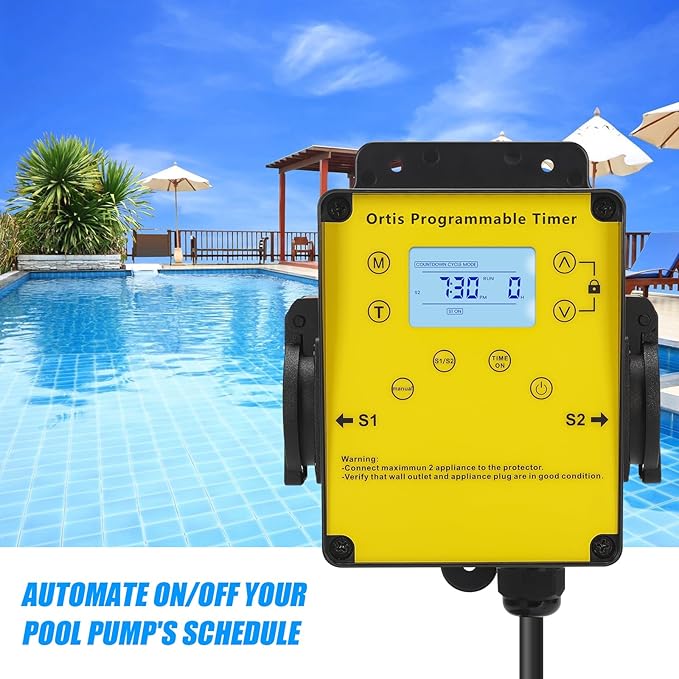 Ortis Above Ground Smart Pool Timer, Dual Waterproof Outlets for Pump & Salt System, Countdown & 24H Auto Cycle Modes, LCD Display, Outdoor Heavy-Duty Timer for Filters & Pumps