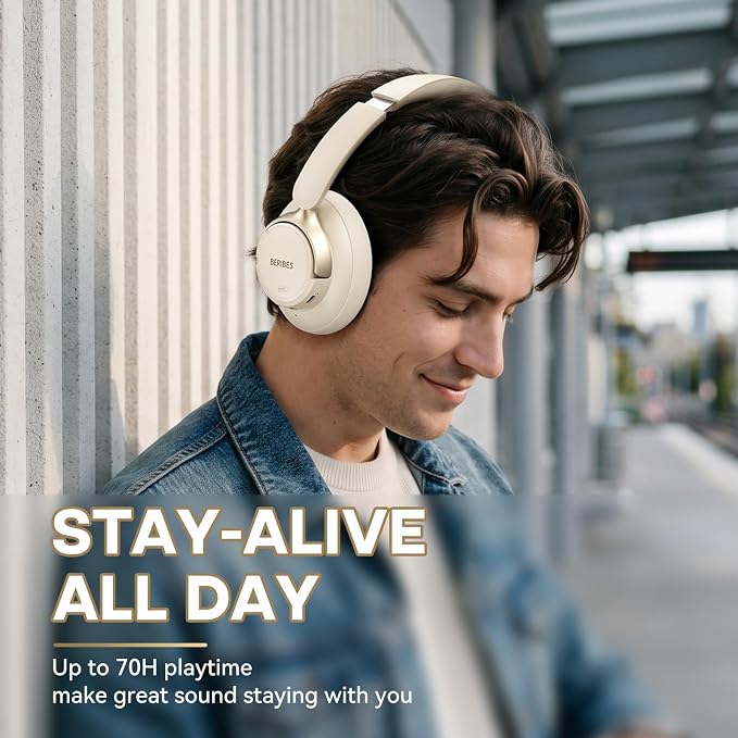 BERIBES Upgraded Hybrid Active Noise Cancelling Headphones with Transparent Modes, 70H Playtime Wireless Bluetooth Headphones with Mic (Beige)