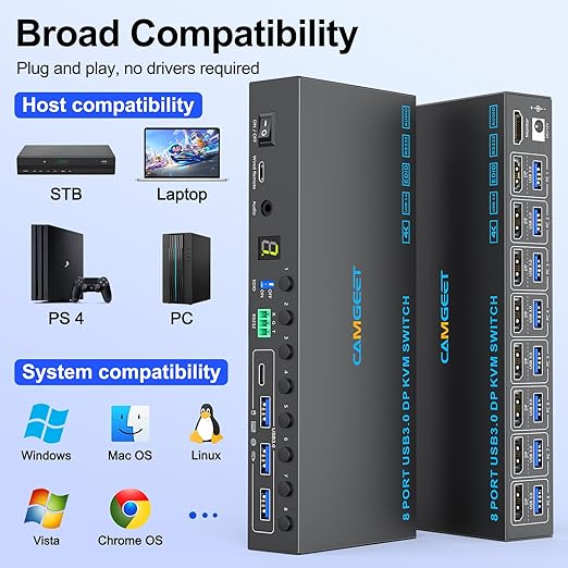 8 Port Displayport KVM Switch 4K@60Hz EDID Simulation, USB3.0 KVM Switch Displayport for 8 Computers Share 1 Monitor and 4 USB Devices,KVM Switches with Audio RS232 Wied Remote 12V Power and USB Cable