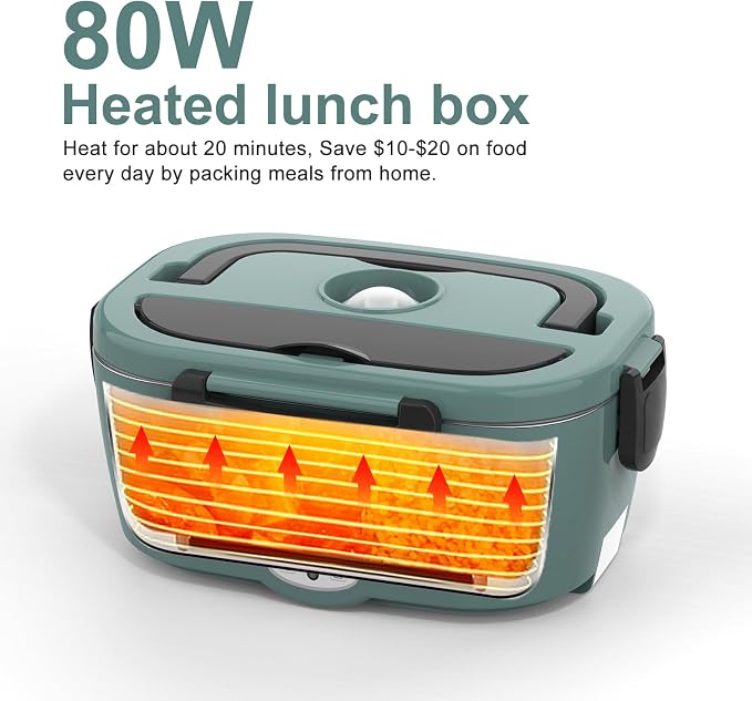 WisaKey Green Electric Lunch Box Food Heater 80W Heated LunchBox for Adults, 12V 24V 110V 220V Lunch Warmer Portable for Work Car Truck Jobsite Work with 304 Stainless Steel Container Christmas Gift