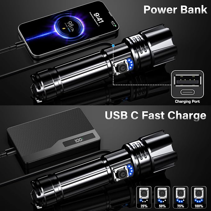 AKNEAR Rechargeable LED Flashlight 99000 High Lumens, Super Bright Flashlights with Zoomable & USB C Rechargeable & 5 Light Mode & IPX7 Waterproof, Powerful Flash Light for Home, Hiking, Camping