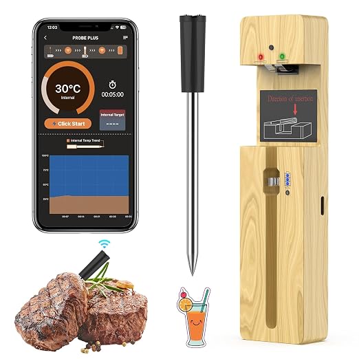 Wireless Meat Thermometer Bluetooth with Ceramic Probe: Waterproof Digital Oven Food Thermometer for Grill Fryer BBQ, 600Ft Range & Smart App for iOS/Android/air, Cooking for Outdoor,Home, Apartment