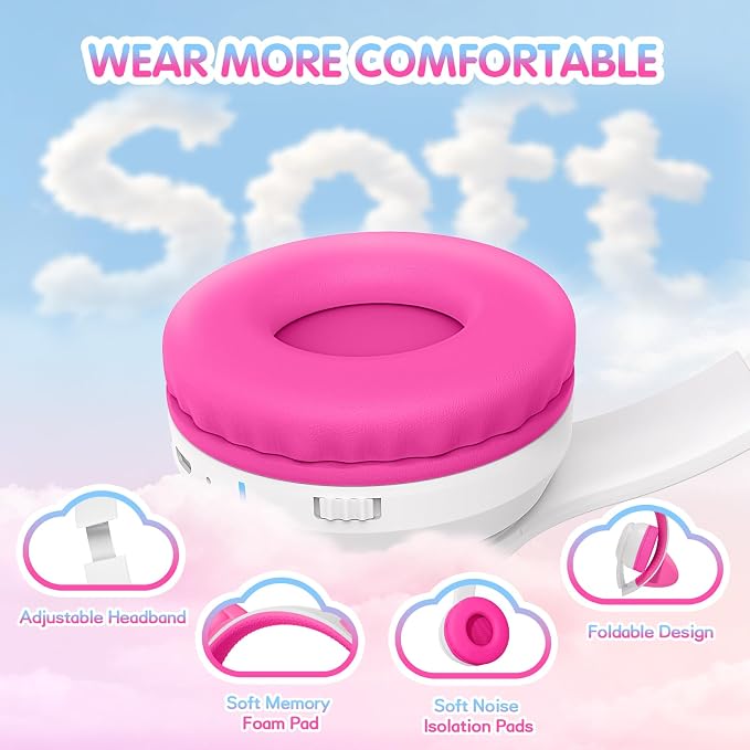 IFECCO Kids Wireless Headphones with Case,Cute LED Light Up Cat Ear Children Girls Bluetooth 6.0 Headphones Volume-limiting for School Travel Gifts