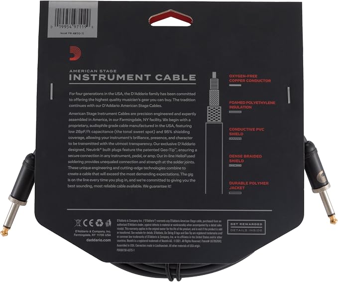 D'Addario Guitar Cable - American Stage - Made in the USA - Geo Tip for Secure Connection - 1/4 Inch Male to 1/4 Inch Male - 15 Feet - Straight Ends - 1 Pack