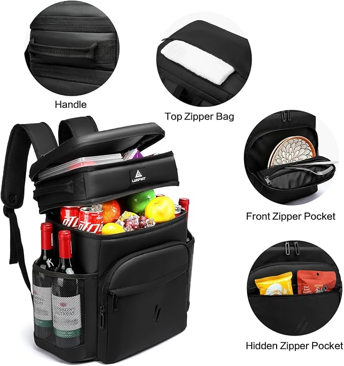 Laripwit Picnic Backpack Cooler Bag - 54 Cans Black Insulated Leak-Proof Lunch Backpack With Cooler Compartment, Large Double Deck Soft Bag for Beach, Camping, Travel