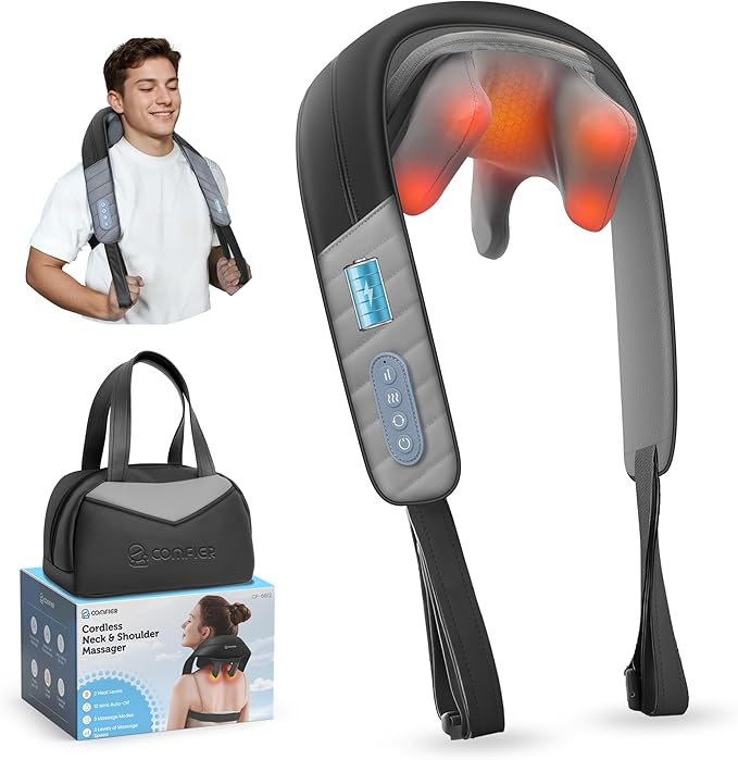 COMFIER 4D Neck Massager for Pain Relief Deep Tissue,Hands-Free Massager for Neck and Shoulder Pain, Wireless Back Massager with Storage Bag, Gift for Dad Men