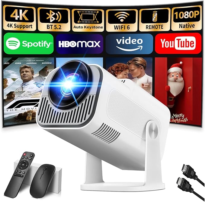 [Projector 2026 Upgraded] Mini Projector Support 4K 1080P Auto Keystone 270°Rotatable with WiFi 6 and Bluetooth 5.2 Projector Portable Compatibile with HDMI/TV Stick/Memory Stick/Laptop,White