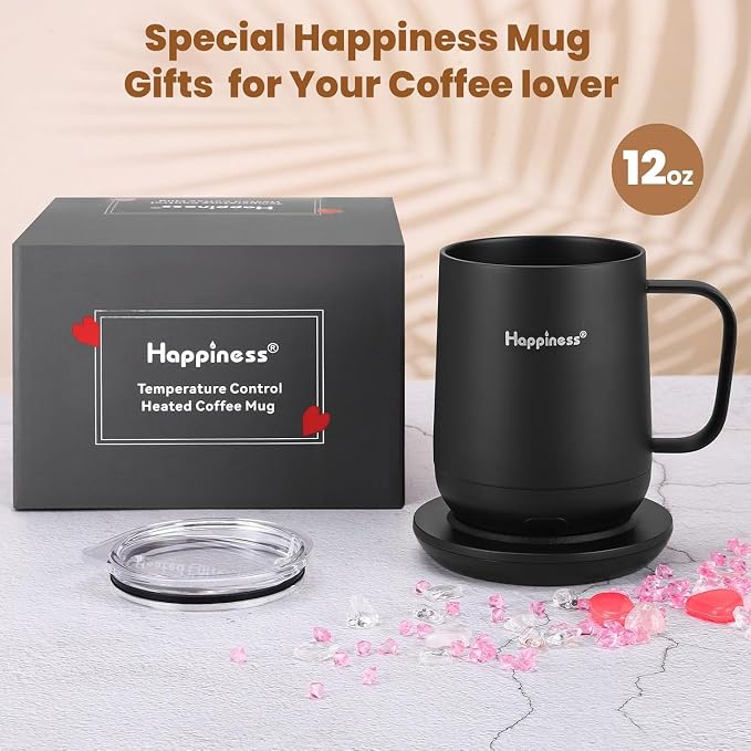 Happiness Smart Heated Coffee Mug 12oz,Rechargeable Electric Self Heating Temperature Control Coffee Cup Gifts for Mom Dad Women Men