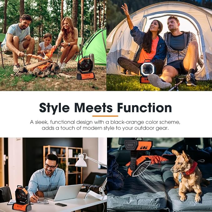 SAN HIMA Battery Powered Camping USB Desk Fan - 20000mAh Rechargeable Battery Operated, with LED Light, 4 Speed Oscillation, 360° Rotation, Hanging Hook, Cordless, for Tent, Outdoor