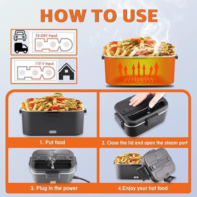 Nifogo Electric Lunch Box for Adults 100W with 2 Stainless Steel Containers, 1.8L Heated Lunch Boxes for Men, Food Heater Portable 12/24/110V for Work Car Truck