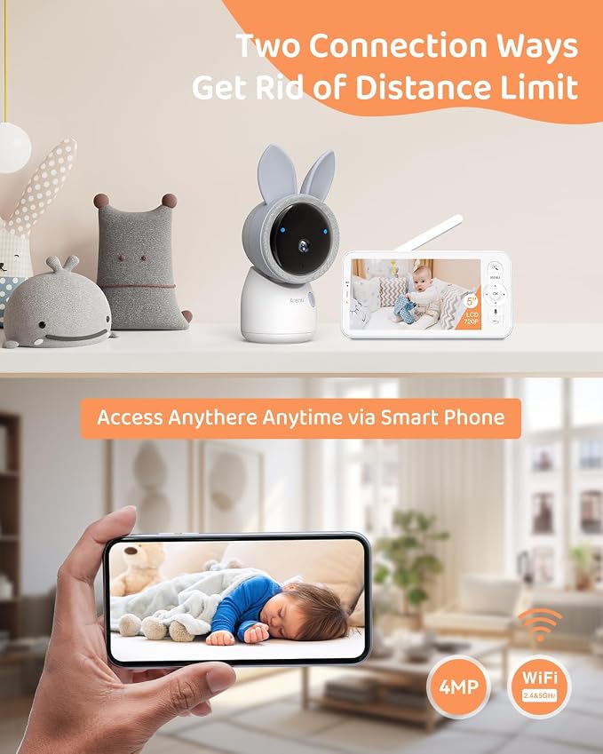 ARENTI 4MP Baby Monitor with Camera and Audio, 5G WiFi 5" Split Screen, Free App, Colorful Night Lights, Smoothing Lullabies, Cry&Motion Detection, Temp&Humidity Senor, Local Storage