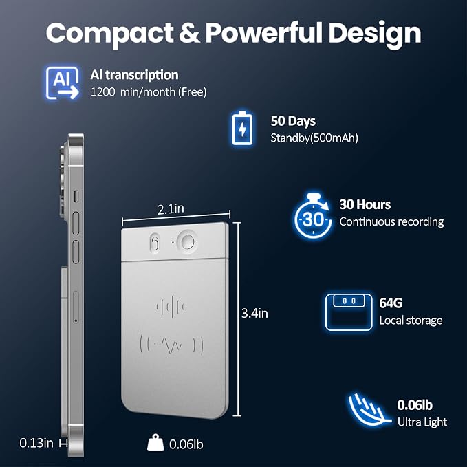 AI Voice Recorder Note Taking Device App Control Transcription Summarization 112 Languages Grabadora de Voz for Lectures Meetings Calls 64GB Memory Magnetic Case(Silvery)
