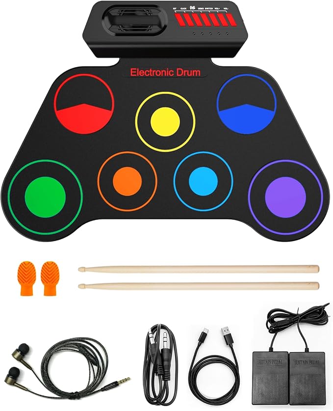 AiJoy Portable Electronic Drum Set Pads for Kids | Roll Up with 7 Pads, Built-in Speaker, Rechargeable Roll-Up, Headphone Mode & Demo Songs, Gift For Beginners & Children