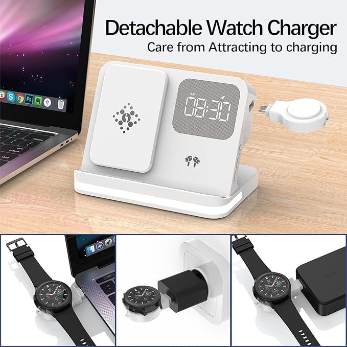 3-in-1 Wireless Charging Station with Digital Alarm Clock, Dimmable Night Light & 15W Fast Charge | All-in-One Bedside Dock for Qi Phones, Smart Watches, Wireless Earbuds, B22 White.