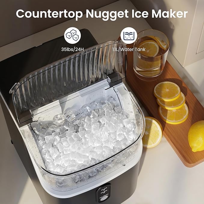 Antarctic Star Nugget Ice Makers Countertop with Self-Cleaning, 35lbs/24H, Portable Sonic Ice Maker Machine with Handle/Basket/Scoop for Home, Kitchen, Office, Camping(Black)